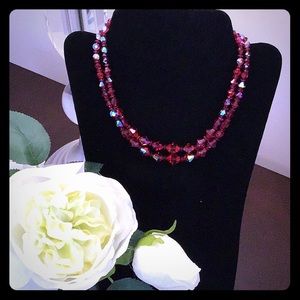 VINTAGE Red Glass Bead Faceted Necklace 13” - 16”